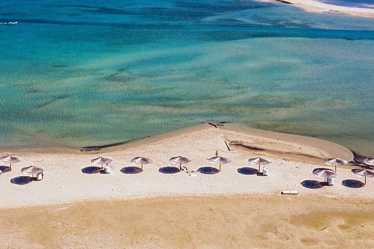 Aerial view of Queen's Beach in Nin, a long sandy point with rows of umbrellas between shallow turquoise water