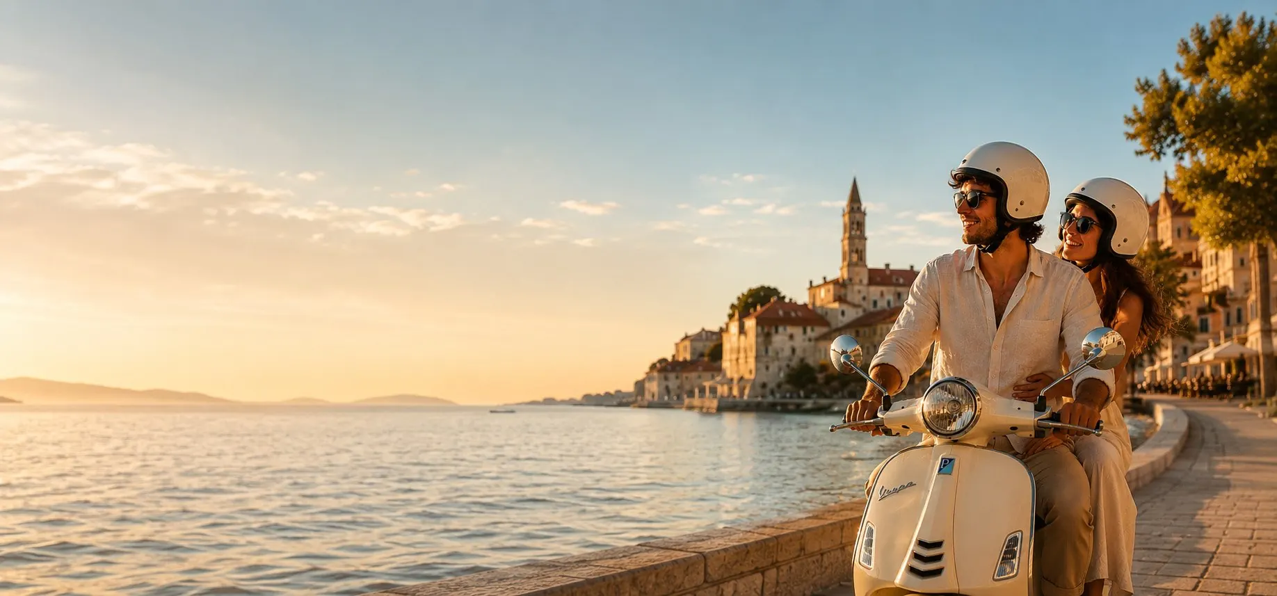 Couple riding a Vespa along the Zadar waterfront at sunset